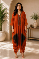 RUST RADIANCE  DHOTI DRAPE DRESS WITH FREE FALL FUSION EMBROIDER CAPE