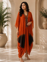 RUST RADIANCE  DHOTI DRAPE DRESS WITH FREE FALL FUSION EMBROIDER CAPE