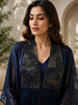METALLIC MIDNIGHT GOWN WITH JEWEL DRAPE CAPE