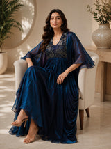 METALLIC MIDNIGHT GOWN WITH JEWEL DRAPE CAPE