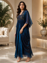 METALLIC MIDNIGHT GOWN WITH JEWEL DRAPE CAPE