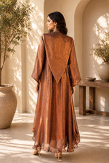 METALLIC BRONGE REGAL DRAPE DRESS WITH STARLIT WORK CAPE