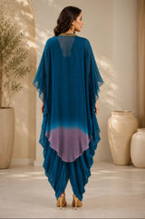 TEAL TITANIUM DHOTI DRAPE DRESS WITH FREE FALL FUSION EMBROIDER CAPE