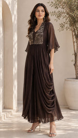 METALLIC MOONLIT GOWN WITH JEWEL DRAPE CAPE
