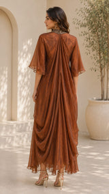 METALLIC BRONGE GOWN WITH JEWEL DRAPE CAPE