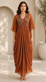 METALLIC BRONGE GOWN WITH JEWEL DRAPE CAPE