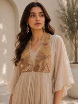 CHAMPAGNE GLOW GOWN WITH JEWEL DRAPE CAPE