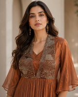 METALLIC BRONGE GOWN WITH JEWEL DRAPE CAPE