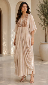 CHAMPAGNE GLOW GOWN WITH JEWEL DRAPE CAPE