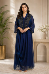 METALLIC MIDNIGHT REGAL DRAPE DRESS WITH STARLIT WORK CAPE