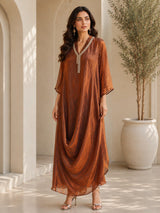 METALLIC BRONGE JEWEL DRAPE DRESS