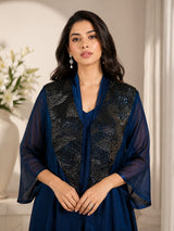 METALLIC MIDNIGHT REGAL DRAPE DRESS WITH STARLIT WORK CAPE